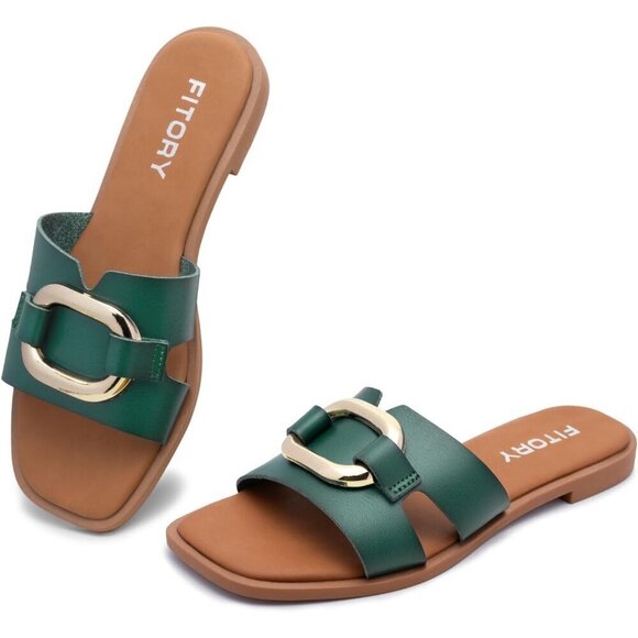 Shoes - Women's Green Square Open Toe Slides PU Strap Metal Chain Slippers Flat Sandals